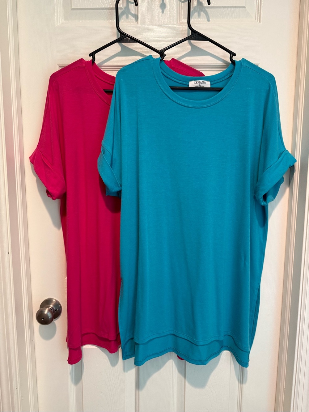 Lot of 2 Zenana Short Sleeve Tunic Tee - Hot Pink & Teal - Picture 2 of 2